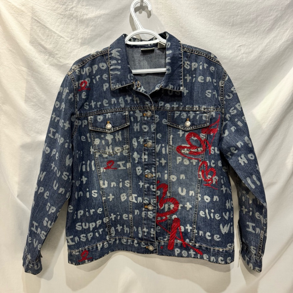 Chico's Denim Inspiration Affirmations Art-to-Wear Love Jean Jacket Sz 2/US Sz12